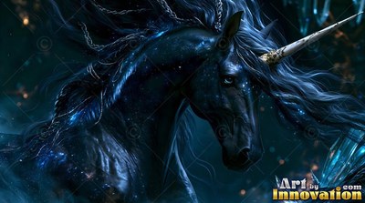 A dark unicorn with a starry black coat turns its head in the night