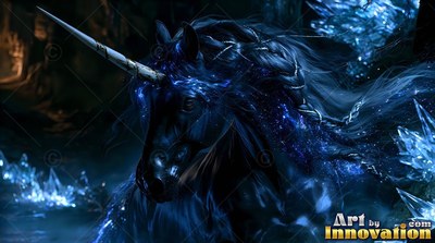 In a dark cave with blue ice crystals, a black unicorn turns its head forward