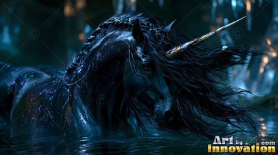 Wading in dark water, a black unicorn turns its head beneath dim blue light