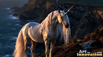 A white unicorn with a long mane standing on a seaside cliff at sunset