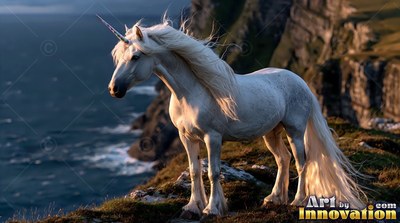 A spiral horn rises from a pale white unicorn standing on a grassy cliff above the sea