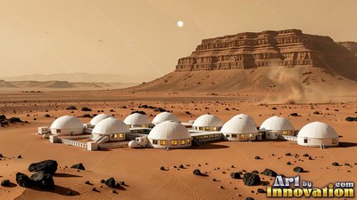 On a red desert plain, a cluster of white habitat domes rests near rocky cliffs