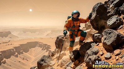 Climbing a rocky ridge, an astronaut in an orange spacesuit surveys a wide canyon