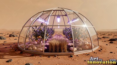 Glass greenhouse dome with fruit trees on the red Mars desert