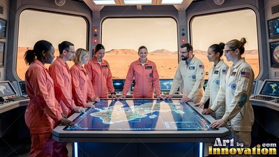 Dressed in flight jumpsuits, a crew gathers around a map table inside a control room facing the desert