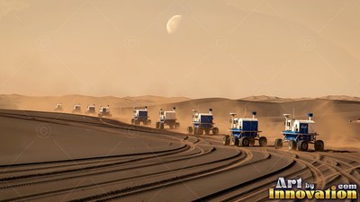 A line of rovers drives across sand dunes under a pale butterscotch sky