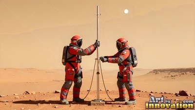 Standing facing each other on the red soil, two astronauts assemble a metal pole