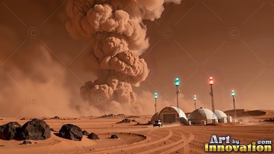 A huge dust storm rises behind white base domes on the orange desert sand