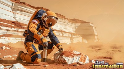 On a dusty Mars canyon floor, an astronaut in an orange suit kneels by a rock