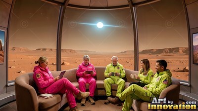 Relaxing in a curved lounge, five astronauts chat before a Mars view dome