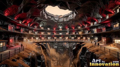 Cabins line the circular rock walls inside a deep cavern under a skylight