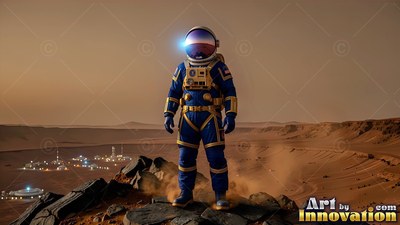 Wearing a blue spacesuit with yellow straps, an astronaut stands on a rocky red Martian ridge above a colony base