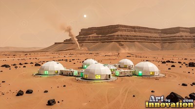 White habitat domes sit connected on a red desert plain under a pale haze