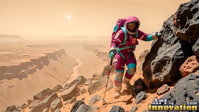 Climbing a rocky ridge, an astronaut hikes above a Martian canyon