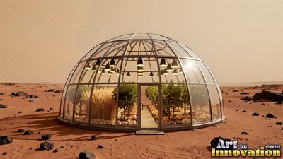 A glass greenhouse dome grows green plants and wheat on red Mars soil