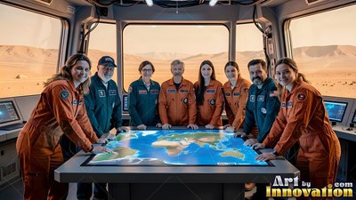 In a Mars base observation room, a crew stands around an Earth map on a large table