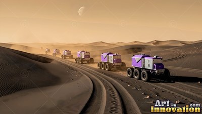 Driving in a line across the desert, purple rovers cross dark dunes under a pale moon