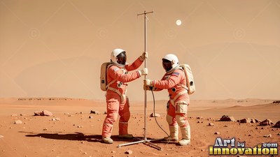 Two astronauts assemble an antenna pole on the red Martian sand
