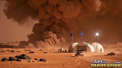 Curved white domes stand near a small rover as a brown dust cloud rises on a red plain