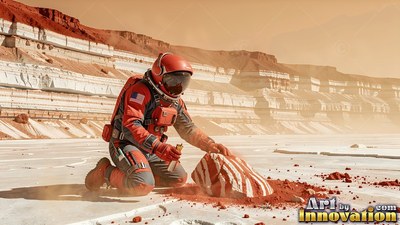 An astronaut kneels to inspect a rock on the white ground under hazy orange light