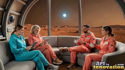 Sitting together on a curved sofa inside a dome, four crew members relax