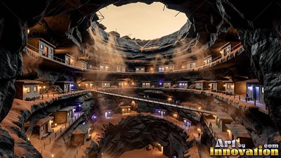 A settlement with small cabins lines the walls inside a round cave pit under a tan sky