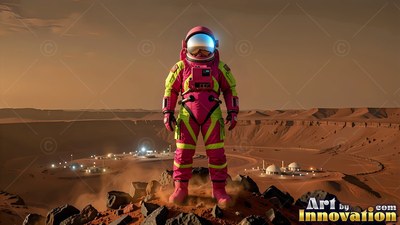 On a rocky red ridge, an astronaut in a pink and yellow spacesuit stands above a base camp