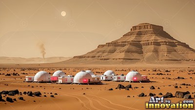 Resting on red sand, white habitat domes cluster before a terraced desert mountain
