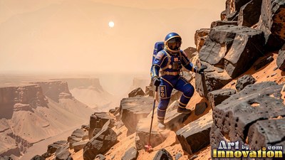 Astronaut in a blue spacesuit climbs a rocky Martian ridge