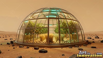 Curved glass panes shelter small orange trees inside a greenhouse dome on Mars