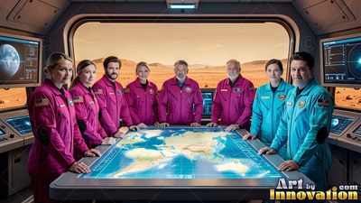 Astronauts stand around a map table inside a base under warm yellow light
