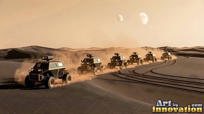 Angled toward the front, a line of rovers drives across dusty desert dunes