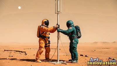 Two astronauts in yellow and green suits assemble a tall pole on Mars desert ground