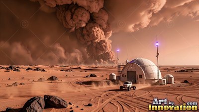 On a red Martian desert, a dome habitat sits near a huge rising dust storm