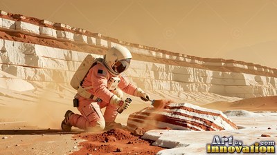 Kneeling in red sand, an astronaut brushes dust off a layered rock under bright sunlight