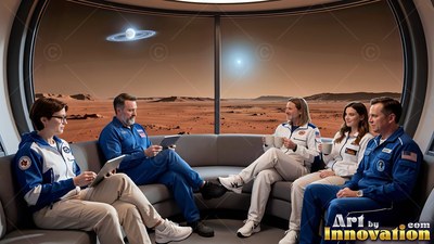 Astronauts resting inside a lounge looking out at Mars