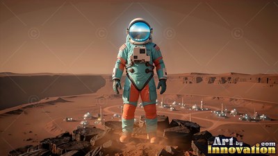 An astronaut stands above a Martian colony in the pale haze of an orange sky
