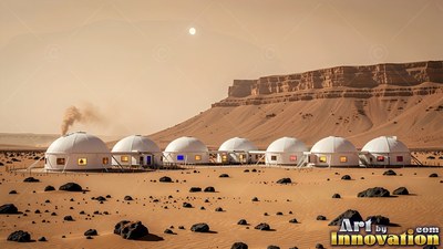 Lined up in a row across red desert sand, white habitat domes sit under cliffs