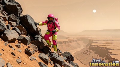 An astronaut in a bright pink suit climbs a rocky red hill above a canyon on Mars