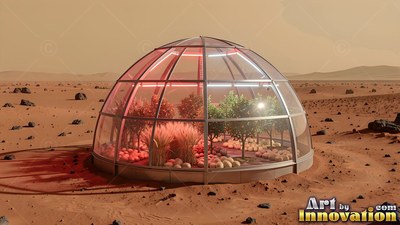 On a red sandy plain, a glass greenhouse dome holds small trees and plants inside