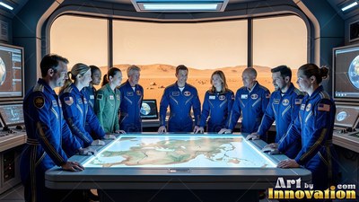 Gathered around a lighted map table, astronauts in blue flight suits look up inside a base control room