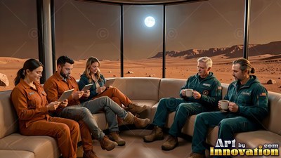 Crew members relax on a curved couch facing red Mars hills