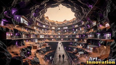 Lit cabin windows ring a terraced cavern city under a wide circular skylight into orange sky