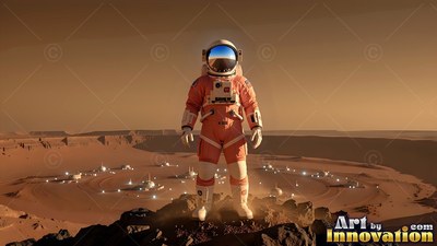 An astronaut stands above a desert outpost under a dusty butterscotch sky