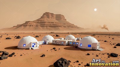 Viewed from above, white habitat domes sit on a dusty plain below a mesa