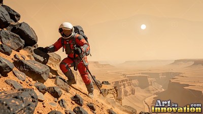 An astronaut in a red spacesuit climbs a rocky hill above a wide canyon under a pale sun
