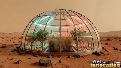 On the red Martian plain, a round glass greenhouse shelters green plants