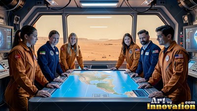 Standing around a blue map table, an astronaut crew poses inside a Mars station window