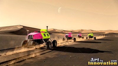 Four pink and green rovers drive across desert dunes