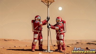 Wearing red spacesuits, two astronauts hold an antenna pole on a dusty desert plain